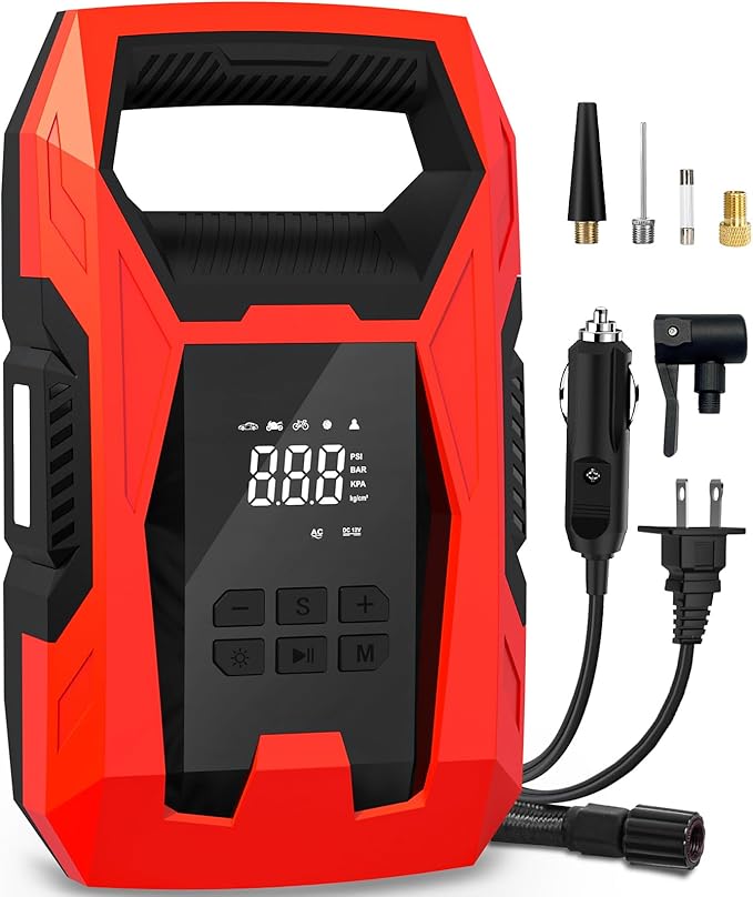 CARSUN AC/DC Tire Inflator Portable Air Compressor, Dual Power for Home 110V AC and Car 12V DC Air Pump with Pressure Gauge, Auto Shutoff, Tire Pump for Car Motorcycle Bike and Other Inflatables, Red