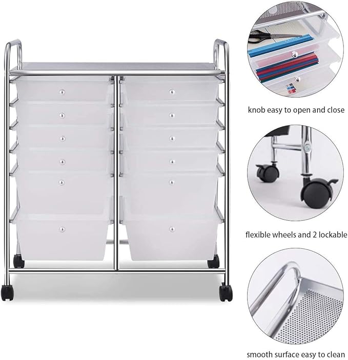 12-Drawer Rolling Storage Cart, Utility Cart Storage Shelves with 4 Universal Wheels, Tools Scrapbook Paper Organizer, Ideal for Home Kitchen Office Organizing (Transparent)