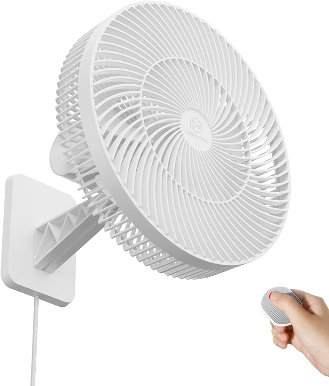 LEMOISTAR 12" Wall Mounted Fan with Remote Control, 90° Oscillating, 4 Speeds Timer and Adjustable Tilt, 8.2ft Cord, Quiet, Ideal for Home, Bedroom, Gym, Garage, RV, Office-White