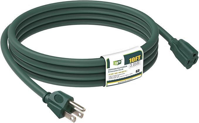 EP 10FT Green Outdoor Extension Cord, 16/3 SJTW Heavy Duty Waterproof, 3 Prong Grounded Plug, 13A 1625W 16AWG, Cold-Resistant Flexible Power Cable for Garden, Home, Christmas Lights