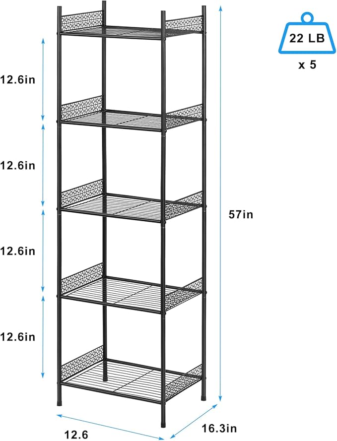 5 Tier Wire Shelving Metal Storage Rack Standing Shelving Units Shelves Bathroom Shelf for Laundry Bathroom Kitchen Livingroom Pantry Closet Garage, Black
