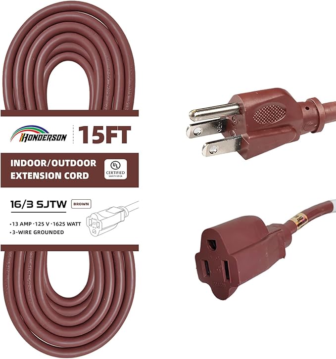 15FT Brown Outdoor Extension Cord-16/3 SJTW Durable Extension Cord for Christmas Lights with 3 Prong Grounded Plug, Great for Outside Christmas Decorations