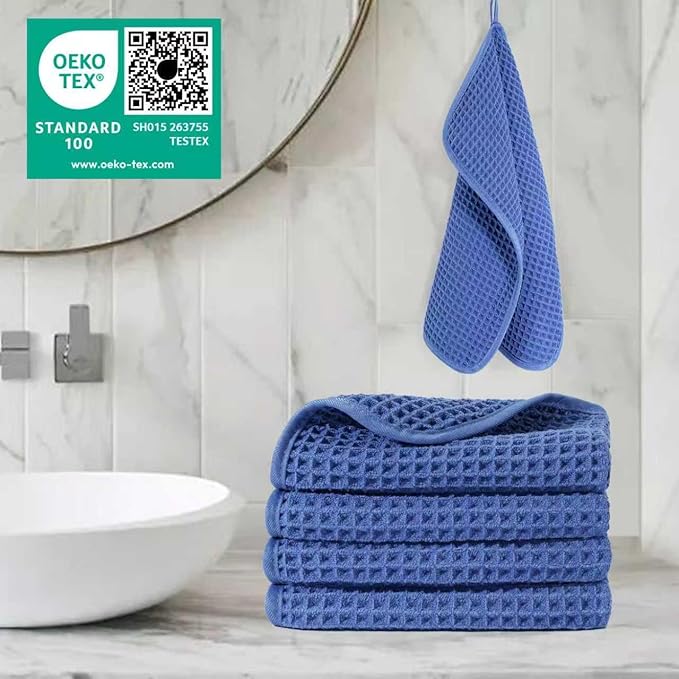 POLYTE 430 GSM Microfiber Lint Free Washcloth Face Towel, 13 x 13 in, 4 Pack (Waffle Weave)