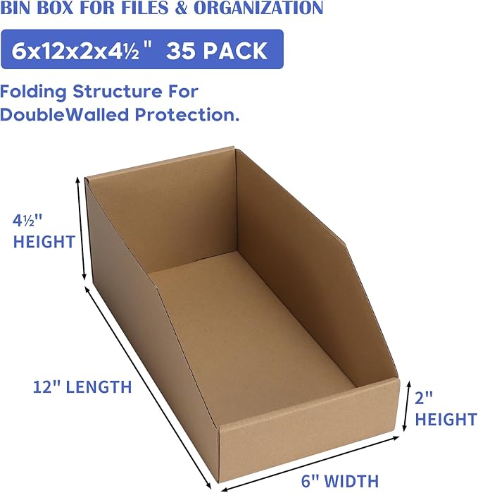 EXYGLO Cardboard Storage Bins 35 Pack, 12x6x4.5 Inch Cardboard Boxes, Corrugated Organizer Bins for Pantry, Shelves, Garage, Office, Shop, Brown