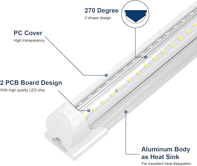 2Pack LED Shop Light 4FT,V Shape Integrated T8 LED Tube Light,6300LM,42W,5000K Super Bright White,High Output Linkable Shop Lights