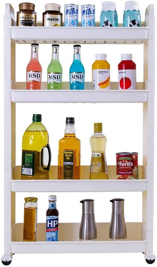 BAOYOUNI Slim Storage Cart Between Washer Dryer Cabinet Rolling Shelf Slide Out Tower Narrow Space Organizer Rack with Wheels for Laundry, Bathroom, Kitchen & Living Room (4-Tier)