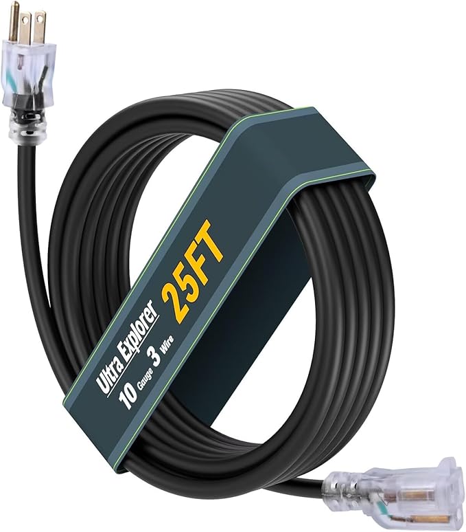 10 Gauge Heavy Duty Outdoor Extension Cord 25 FT, Waterproof Exterior Extension Cable with Lighted, 3 Prong Appliance Power Cord Outside, SJTW, 125 VAC, 15 Amp, 1875 Watts, Black
