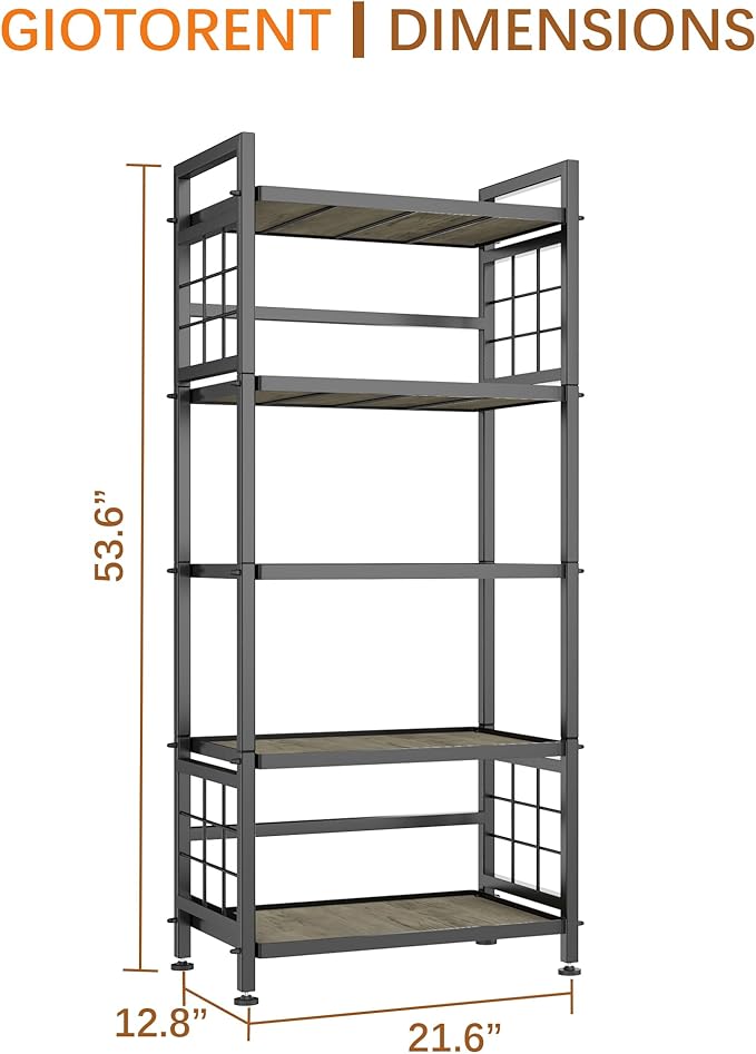 GIOTORENT 5-Tier Kitchen Storage with Wooden Boards, Heavy Duty Storage Shelves & Bookshelf, Adjustable Metal Shelving Unit for Garage Kitchen Bathroom Laundry Organizer, 750LB Capacity, Black