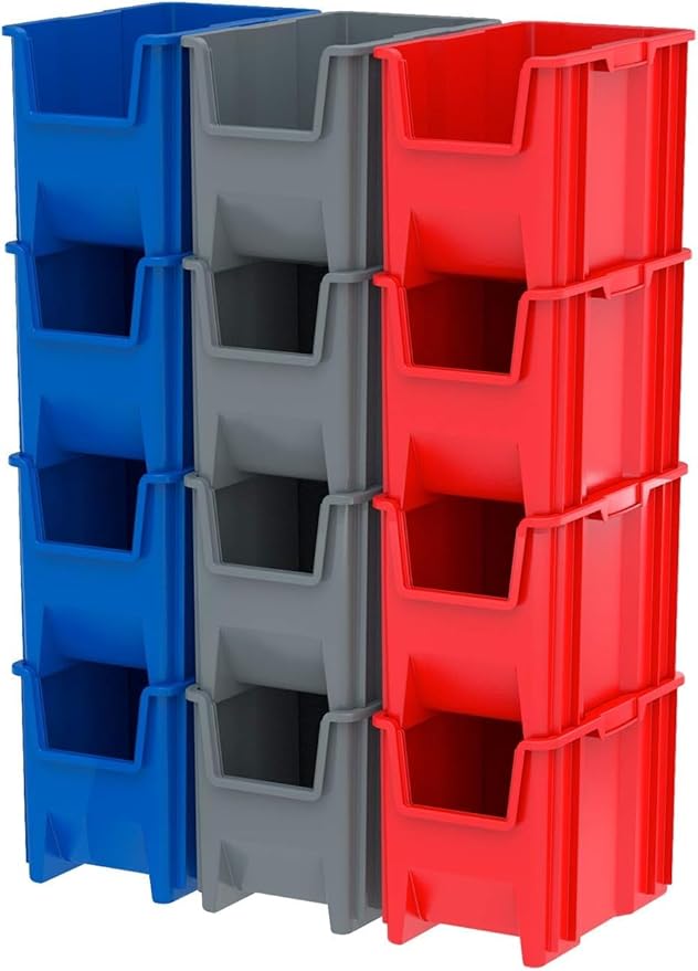 Akro-Mils 13014 Stak-N-Store Heavy Duty Stackable Open Front Plastic Storage Container Bin, (17-1/2-Inch x 11-Inch x 12-1/2-Inch), Gray, (4-Pack)
