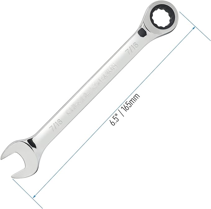 7/16 Inch Ratcheting Combination Wrench SAE 72 Teeth 12 Point Ratchet Box Ended and Open End Spanner Tools for Tight Space, Heat-Treated CR-V