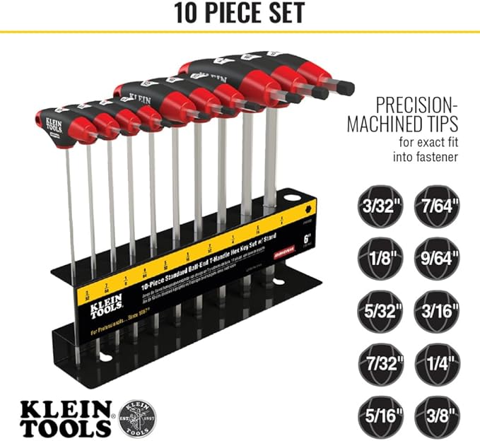 Klein Tools JTH610EB Ball End T-Handle Hex Key Set, SAE Inch Sizes Allen Wrench Set with 6-Inch Blades, Stand Included, 10-Piece