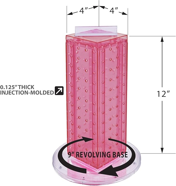 Azar Displays 700220-PNK-2C16 Four-Sided 4”W x 12” Revolving Pegboard Tower Kit Counter Display with 16-Pack of 2 inch Locking Hooks, Pink