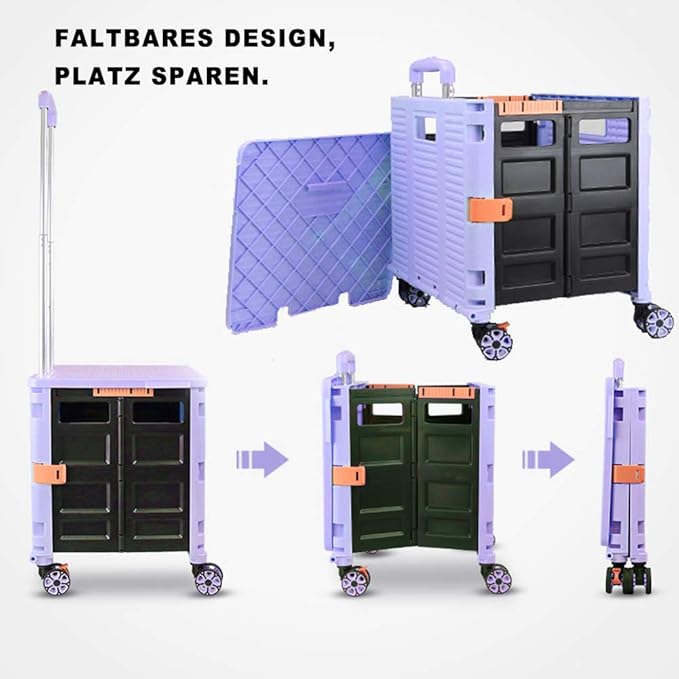 Foldable Utility Cart Folding Portable Rolling Crate Handcart Shopping Trolley Wheel Box with Lid Wear-Resistant Noiseless 360°Rotate Wheel for Travel Shopping Moving Storage Office Use (Purple)