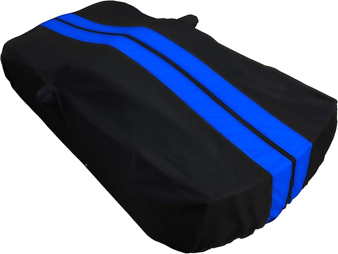 SR1 Performance USA C7 Corvette Car Cover - Custom Fit Indoor/Outdoor UV & Rain Protection - Ultraguard 300 Denier High End for 2014-2019 Stingray, Z51, Z06, Grand Sport (Black with Blue Stripes)