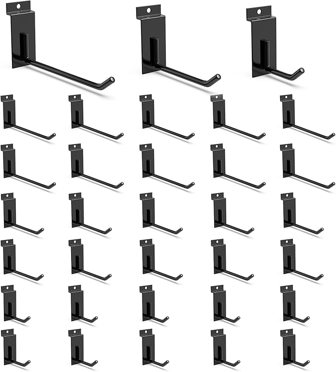 3-H Slatwall Hooks 30PC,3/5/7 Inch,Extra Large Thick Backplate (3.35×1.38 x 0.08 Steel),Heavy Duty Smooth Glide,Compatible with Proslat,Crownwall &Standard Slatwall Panels for Garage,Retail Display