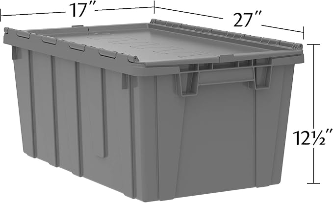 Buckhorn Industrial Lidded Plastic Storage Container, Nesting and Stackable Plastic Storage Box with Lid Attached, Organization Tote for Garage and Warehouse, 17 Gallon Capacity, 27"x17"x12", Gray