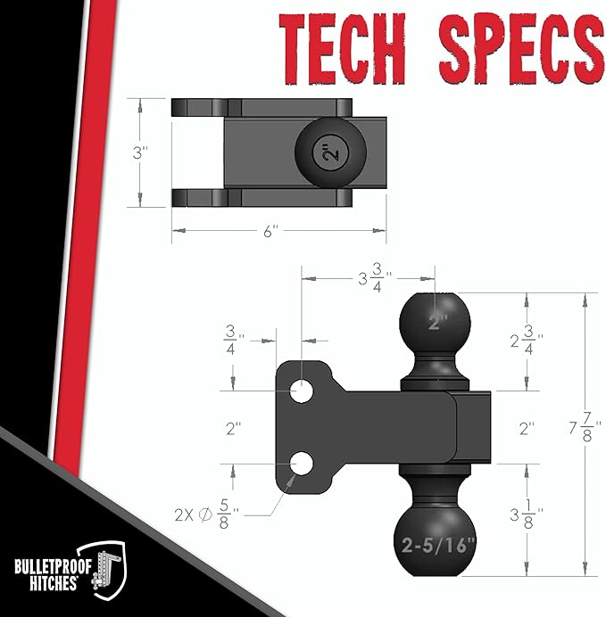 BulletProof Hitches - Adjustable Trailer Hitch 2" and 2-5/16" Dual Ball Mount - Replacement 2" and 2-5/16" Ball Hitch Rated up to 14,000 lbs - Solid Steel, Corrosion Resistant, Black Powder Coat