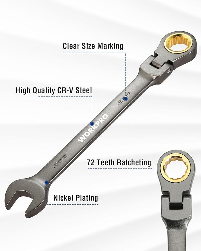 WORKPRO 18 mm Flex-Head Ratcheting Combination Wrench, Cr-V Constructed, Nickel Plating, 72-Teeth, 12 Point Design, Metric