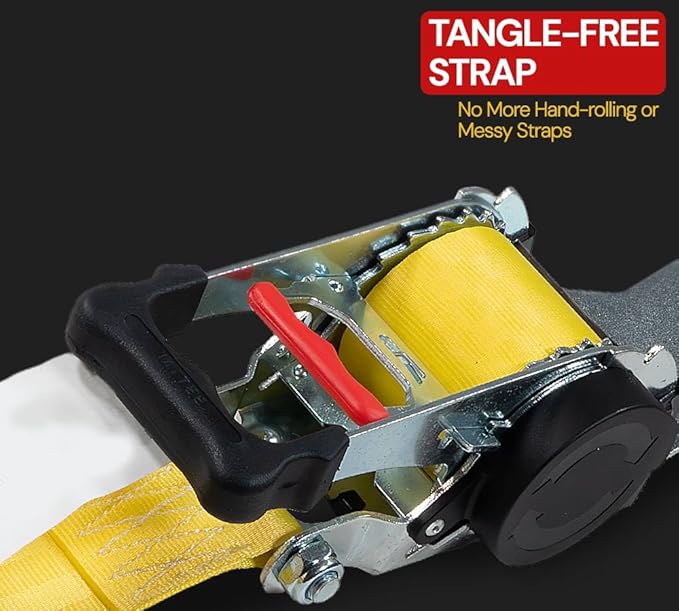 Mytee Products 2" x 10' Retractable Ratchet Straps with Narrow Flat Hooks - 3,300 lbs WLL - High-Abrasion Yellow Auto Retract Ratchet Tie Down Strap for Motorcycles, ATVs, Bikes, Boat Trailer