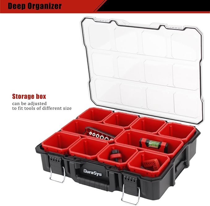 Tools Organizer, Small Parts Storage Toolbox, 17.3 * 14 * 4.2" Durable Hardware Deep Box Storage, with Removable Inner Cups