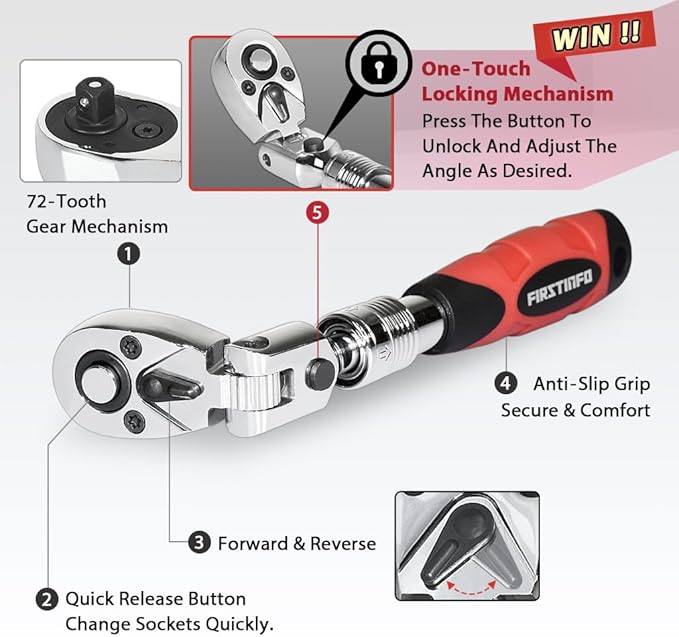 FIRSTINFO F3222NB Taiwan 1/4-Inch Drive Flex Head Extendable Ratchet | 72 Tooth Quick Release Reversible Ratcheting with Soft Grip Handle, 6.7 to 8.6 Inch Lengths