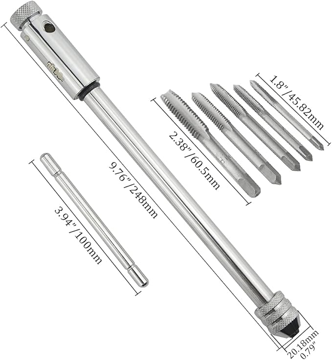XINGYHENG Adjustable Ratchet Wheel Hand Tap Wrench holder Reversible Bothway T-Handle Manual Tapping Ratcheting Wrench 248mm with 5pcs M3 M4 M5 M6 M8 Machine Screw Thread Metric Plug T-shaped Tap