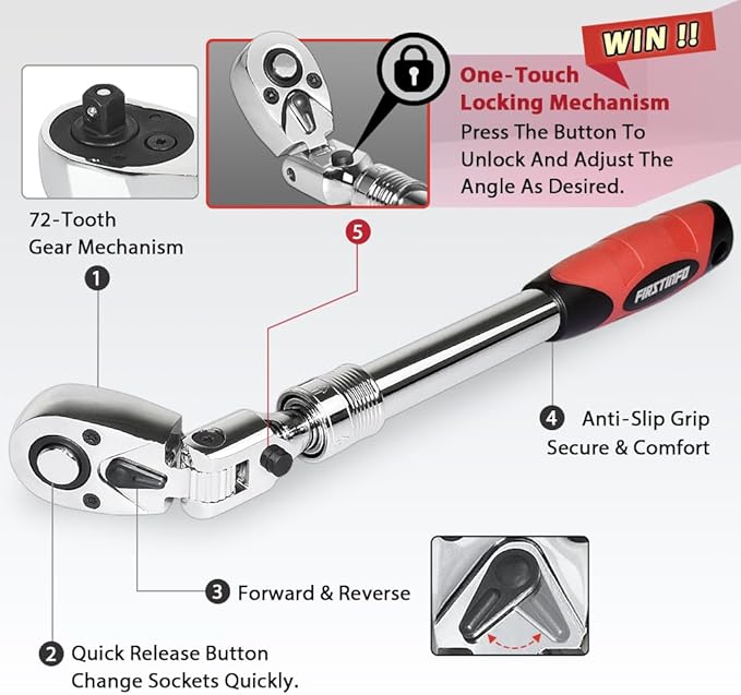 FIRSTINFO F3222ND Taiwan 1/2-Inch Drive Locking & Flexible Extendable Ratchet Wrench Reversible,Soft-Grip with 72-Tooth Geared Action (Length: 13.8-19.3 Inches)