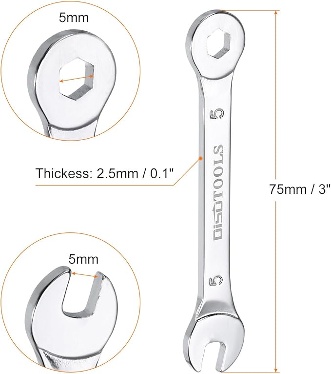 HARFINGTON Thin Combination Wrench Metric 5mm 6-Point Ended Box 15 Degree Offset Open End CR-V Chrome Plated Steel, Silver