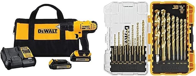 DEWALT 20V Max Cordless Drill/Driver Kit (DCD771C2) and 21-Piece Titanium Nitride Drill Bit Set