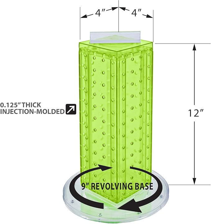 Azar Displays 700220-GRE-2C16 Four-Sided 4”W x 12” Revolving Pegboard Tower Kit Counter Display with 16-Pack of 2 inch Locking Hooks, Green