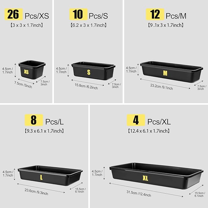 60PCS Tool Box Organizer Tray Divider, More Large Sizes-5 Sizes Desk Drawer Organizers Garage Tool Organizer and Storage, Black Plastic Tray Organizer Bins for Home Office Supplies and Tools
