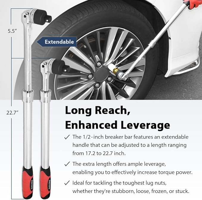 FIRSTINFO 1/2" Drive Extendable Breaker Bar Ratchet Wrench Length 17.2 to 22.7 inches, with Flexible Ratchet Head