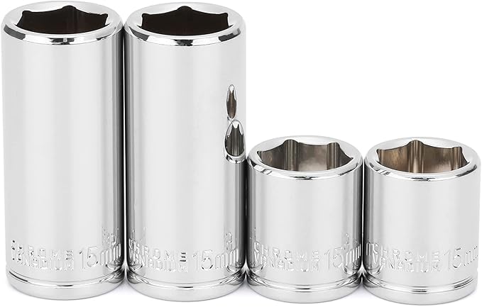 MIXPOWER 4PCS 1/4"Drive 15mm Deep&Shallow Socket, 6 Point, Cr-V Steel, 15mm