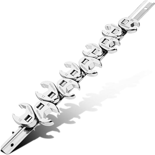 WORKPRO 3/8" Drive Flare Nut Wrench Set, 10-piece Crowfoot Flare Nut Tool Kit, Metric 10-19mm, Steel Wrench With Storage Rail for Nut Removal