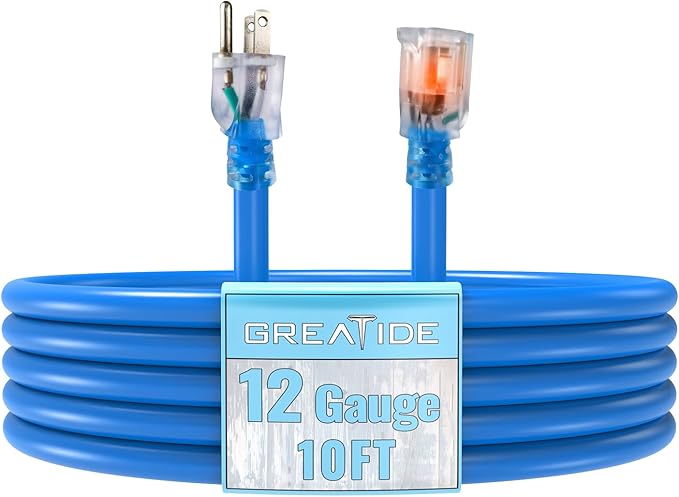 Outdoor Extension Cord with Lighted End, 12 Gauge Heavy Duty 10 FT, 3 Prong Grounded 15 Amp Extension Cord, 12/3 SJTW Waterproof Power Cord for Appliance, UL Listed, Blue