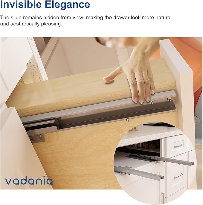 VADANIA 16" Undermount Drawer Slide, Soft Close, Bottom Mounted & Bottom Support, 88 lb Load Capacity, 3-Fold Full Extension, Invisible Drawer Slies,1 Pair(2-Pack)