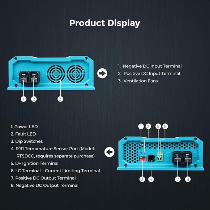 12V 60A DC-DC Battery Charger with LiFePO4 Activation, Waterproof Smart Battery Charger Compatibility with Flooded, Gel, AGM, and Lithium Batteries for RV Marine Truck All Weather