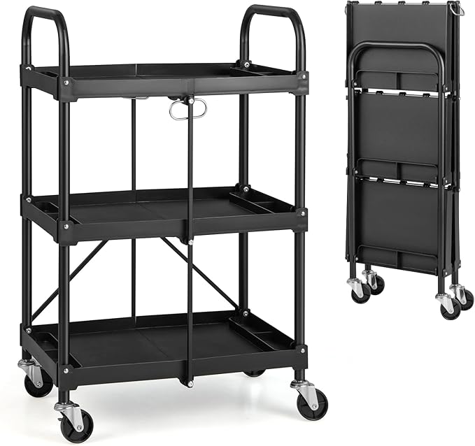 Nightcore Folding Utility Cart, 3-Tier Food Service Cart w/Lockable Wheels, 330LBS Capacity, Heavy-Duty Metal Frame Collapsible Utility Cart, Rolling Tool Cart for Home Garage