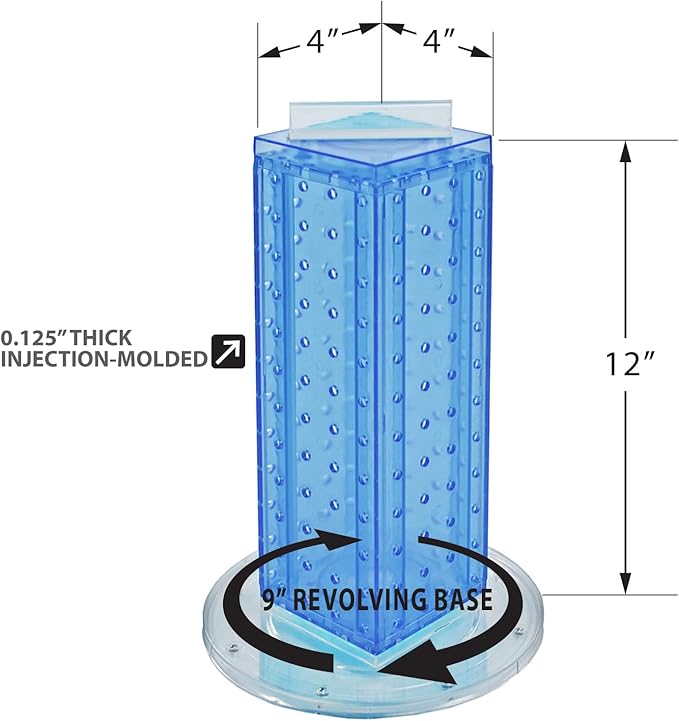 Azar Displays 700220-BLU-2C16 Four-Sided 4”W x 12” Revolving Pegboard Tower Kit Counter Display with 16-Pack of 2 inch Locking Hooks, Blue