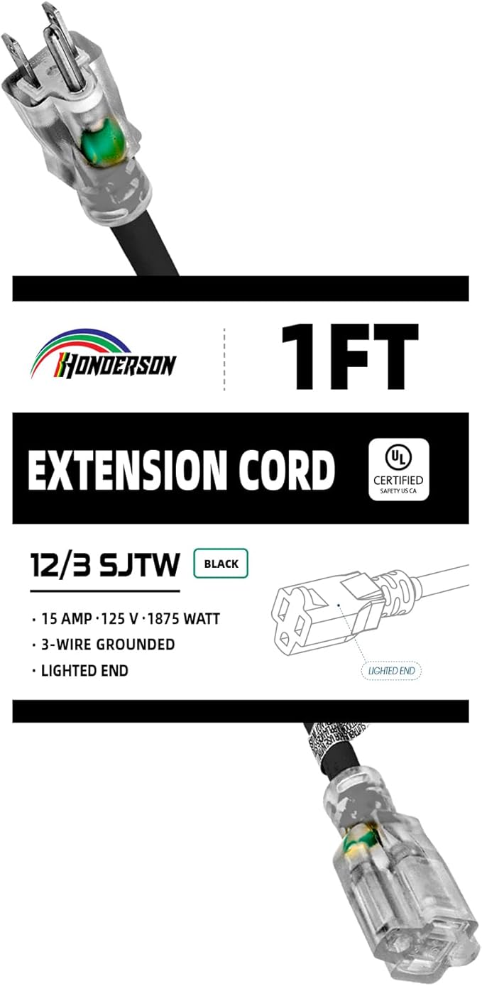 Extension Cord with Lighted End, UL Certified, 12 Gauge 1FT Black 3 Prong Heavy Duty, 12/3 SJTW 15A Power Cord for Lights, Lawn