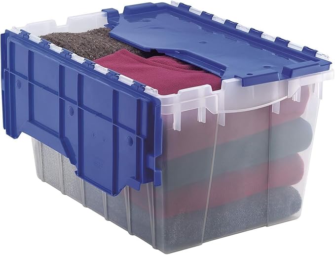 Akro-Mils KeepBox 12 Gallon Storage Container, Nesting and Stackable Plastic Storage Box with Lid Attached, Clear Tote for Garages, Closets, and Moving, 21-1/2" x 15" x 12-1/2", Clear/Blue