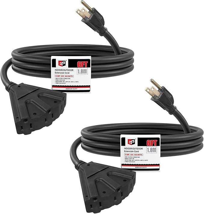 EP 2 Pack 6 Ft Outdoor Extension Cord with 3 Electrical Power Outlets - 16/3 SJTW Black Cable with 3 Prong Grounded Plug for Safety Great for Christmas Lights, Garden and Major Appliances