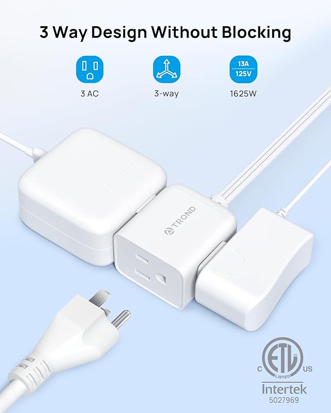 TROND Flat Extension Cord 15ft - Right Angled Flat Plug Power Strip, ETL Listed, 3 Plug Extension Outlets, Three Prong, SPT 16/3 Gauge Cable, 13 Amps, Compact for Indoor Home Office Kitchen, White