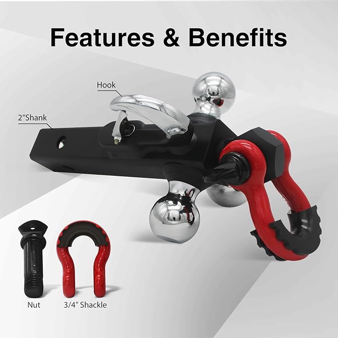 Trailer Hitch Ball Mount with Tow Shackle and Hook, Heavy Duty Hitch Mount with 2-5/16", 2", 1-7/8" Ball Fits 2Inch Hitch Receiver for Heavy Duty Trucks, SUVs, and Cars