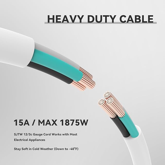 10 ft Heavy Duty Extension Cord - 12/3 SJTW 15 AMP Indoor Power Cord with 3 Prong Grounded Plug for Lawn Mower, Appliances, Workshop, Christmas Lights Water Resistant Flexible Cable White.