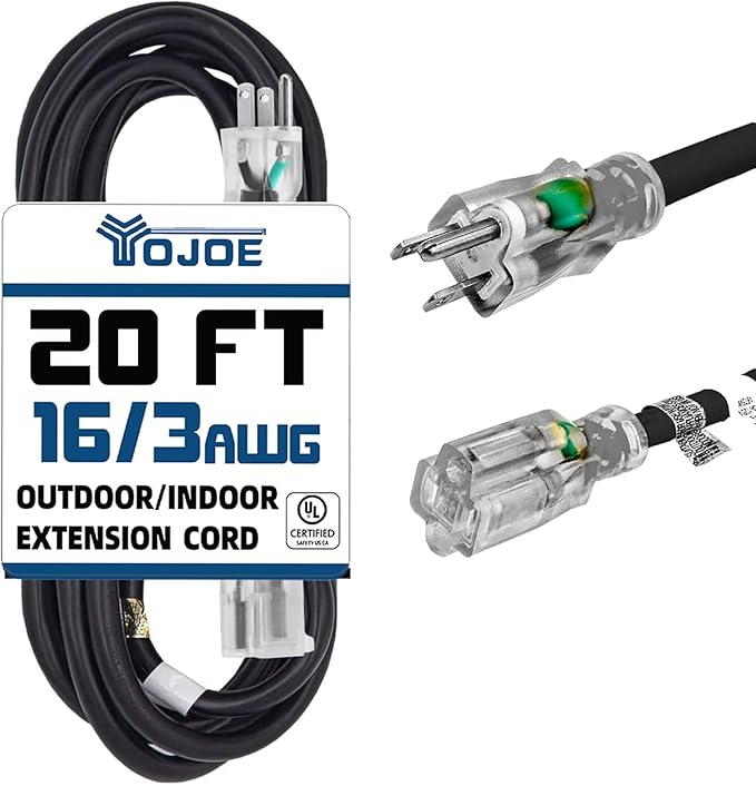 YOJOE Indoor Outdoor Extension Cord with Lighted End, 3 Prong 13A Weatherproof Power Cord, 16 Gauge Heavy Duty 20 ft Black Extension Cord for Garage, Garden and Home, 16/3 SJTW UL Listed