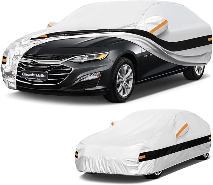 10 Layers Car Cover Custom Fit for Chevrolet Chevy Malibu (2012-2026), Waterproof All Weather for Automobiles, Outdoor Full Cover Sun Dust Rain Protection with Cotton. Silver
