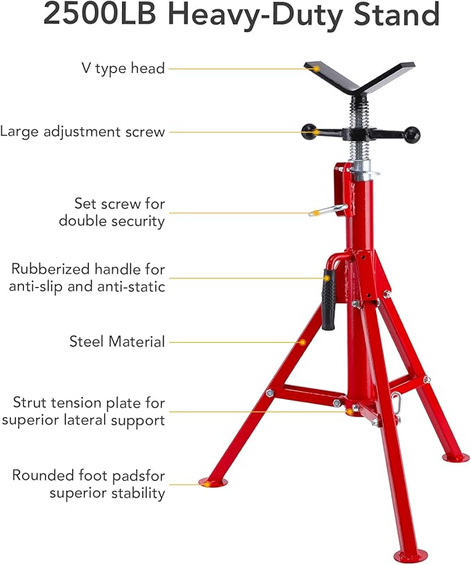 Garvee V Head Pipe Jack Stand,1/8 in-12 in Capacity,Adjustable Height 28 in -52 in, 2500 LB,Heavy Duty Carbon Steel Body More Durable, Folding Portable Pipe,Steel Jack Stands