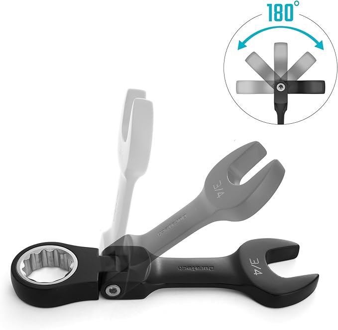 DURATECH Stubby Flex-head Ratcheting Combination Wrench Set, SAE, 8-piece, 5/16" to 3/4", CR-V Steel, Black Electrophoretic Coating, with Rolling Pouch