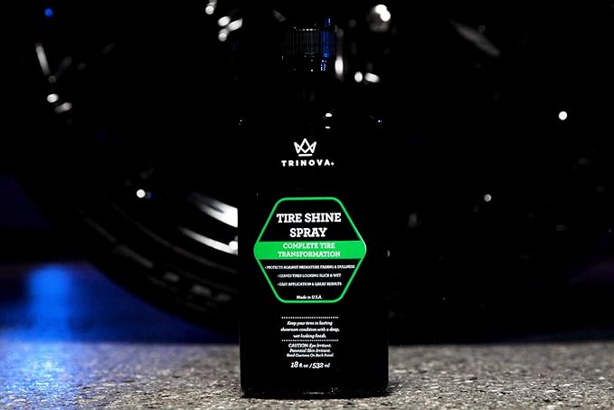 Trinova 33511 Tire Shine Spray No Wipe - Automotive Clear Coat Dressing for Wet & Slick Finish - Keeps Tires Black - with Rubber Protector - Prevents Fading & Yellowing - 18 OZ